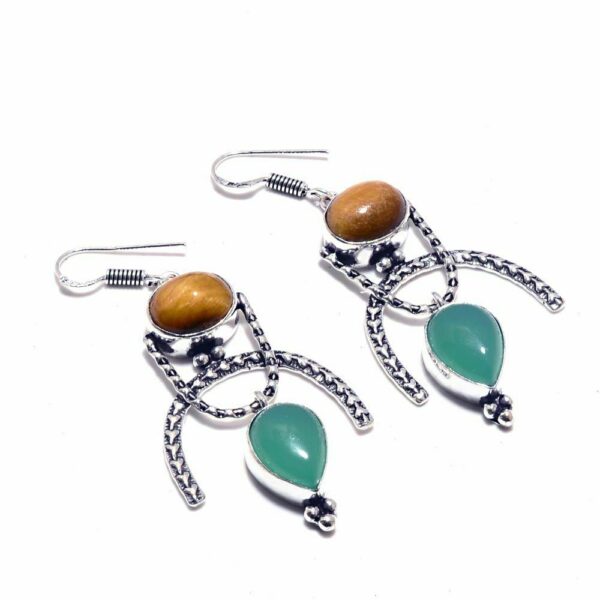 Silver Chalcedony and Tiger Eye Earrings