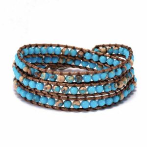 Stone leather – long wrap blue bracelet