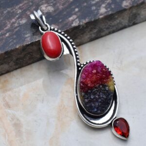 Pendant – Sterling Silver with Rainbow Druzy and Coral